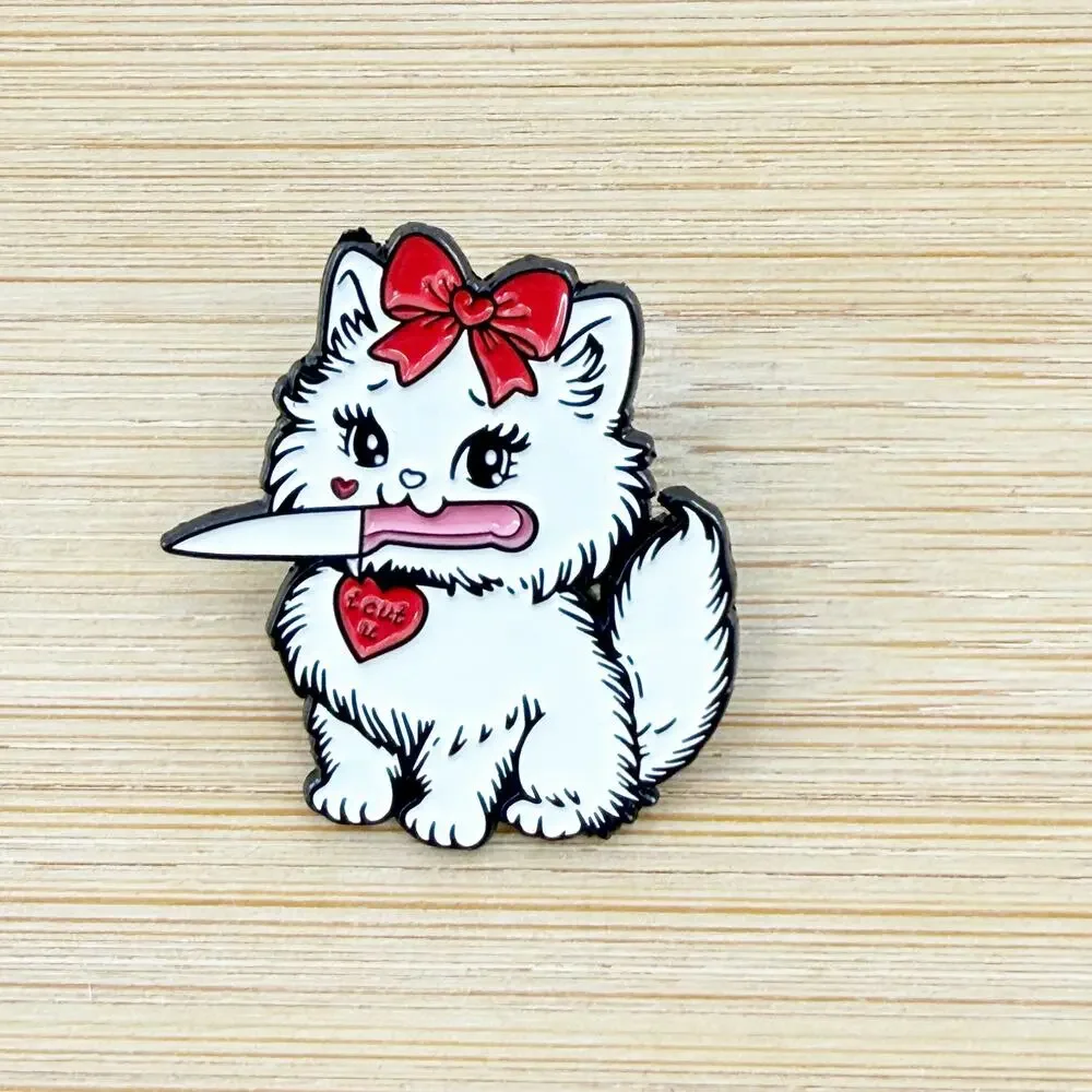 Cute White Cat Holding Knife Funny Enamel Pin